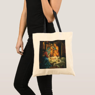 Vintage Christmas Nativity, Baby Jesus in Manger Tote Bag