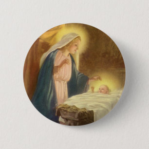 Vintage Christmas Nativity, Mary Joseph Baby Jesus 6 Cm Round Badge