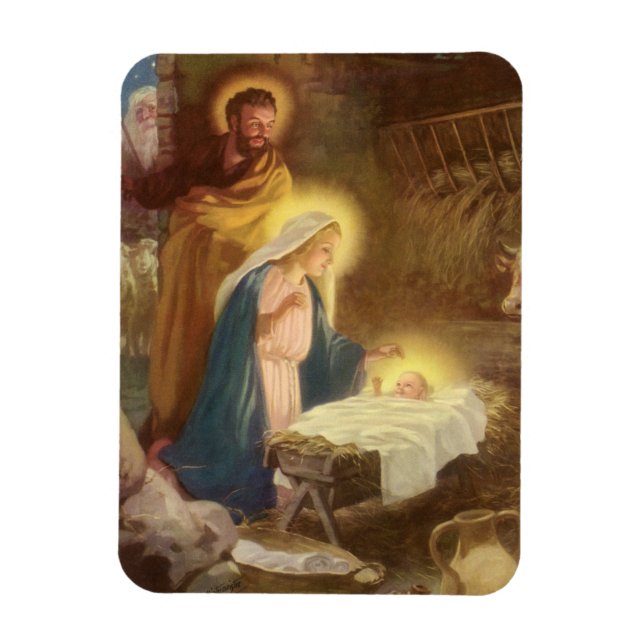 Vintage Christmas Nativity, Mary Joseph Baby Jesus Magnet (Vertical)