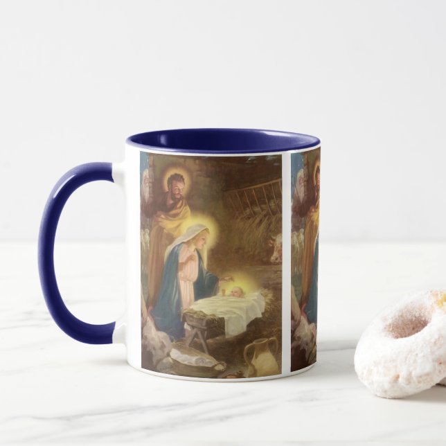 Vintage Christmas Nativity, Mary Joseph Baby Jesus Mug (With Donut)
