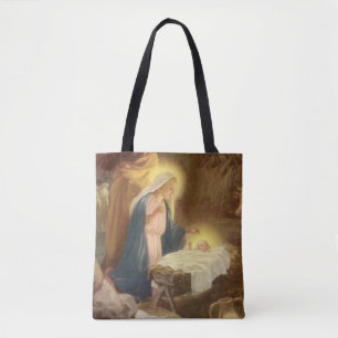 Vintage Christmas Nativity, Mary Joseph Baby Jesus Tote Bag