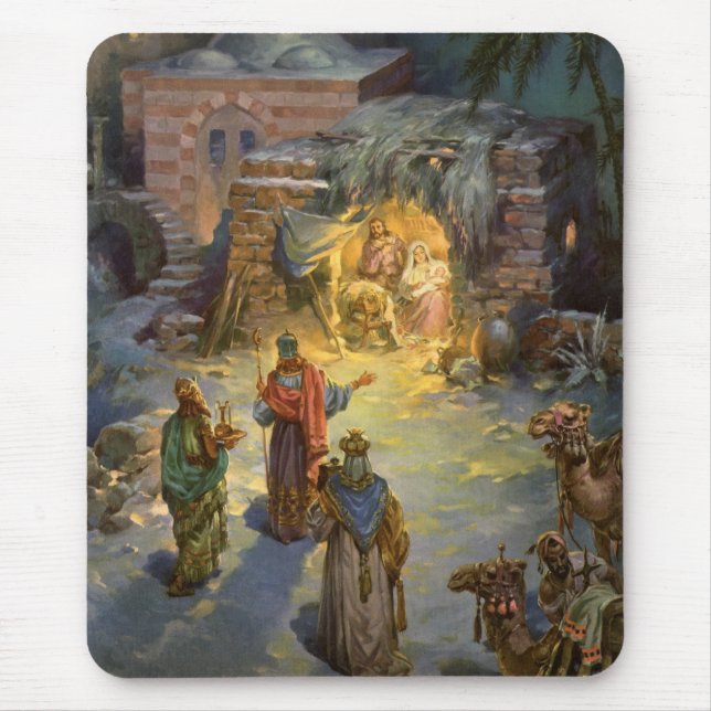 Vintage Christmas Nativity with Visiting Magi Mouse Pad (Front)