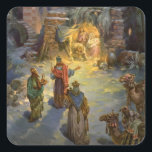 Vintage Christmas Nativity with Visiting Magi Square Sticker<br><div class="desc">Vintage illustration religious Christmas holiday image featuring a nativity family scene. A Christian religion design with the three wise men visiting Mary and Joseph with the baby Jesus Christ in the manger in Bethlehem.</div>