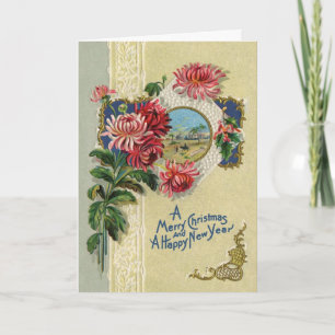 Vintage Christmas/New Year Floral Bethlehem Scene Holiday Card