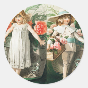 Vintage Christmas New Year young girls with flower Classic Round Sticker