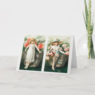 Vintage Christmas New Year young girls with flower Holiday Card