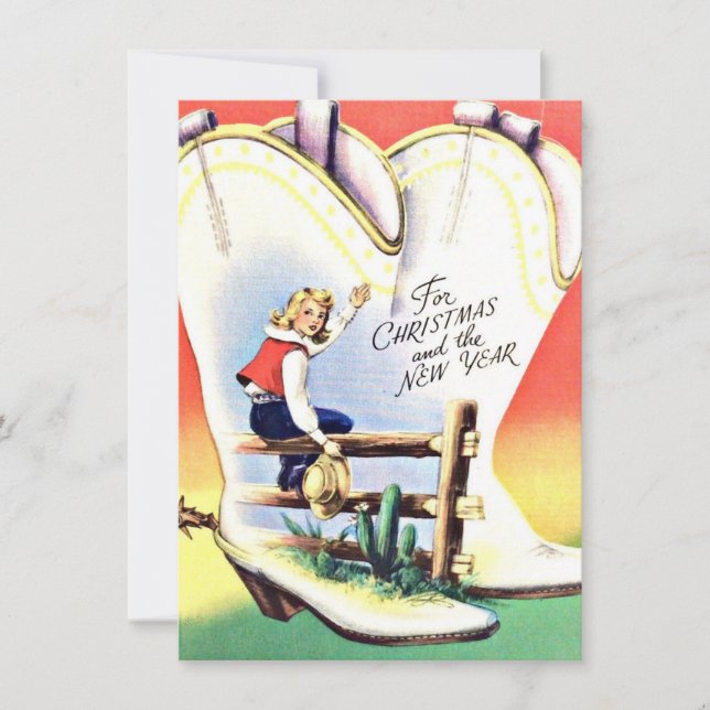 Vintage Christmas & New Years Cowgirl Western Holiday Card (Front)