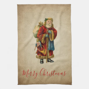 Vintage Christmas Old World Santa Claus Tea Towel