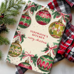 Vintage Christmas Ornament Personalised Tea Towel<br><div class="desc">Add a touch of vintage charm to your kitchen this holiday season with this personalised Christmas kitchen towel featuring classic ornaments in festive red and green. Perfect for adding a cosy, nostalgic feel to your holiday decor or gifting to a loved one. Customise it with your name to make it...</div>