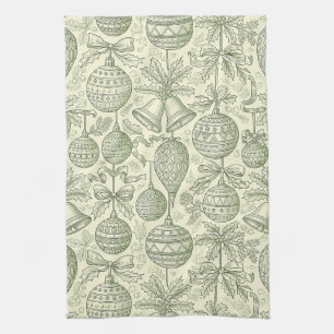 Vintage Christmas Ornament Toile Sage Green Cream Tea Towel
