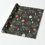 Vintage Christmas Ornaments Black Patterned Wrapping Paper<br><div class="desc">This fun vintage-inspired patterned wrapping paper is perfect for adding a cute retro look to your Christmas presents. With it's bold black background and simple illustrations of vintage Christmas ornaments in red, cream and aqua blue hanging from sage green tree boughs it's perfect for wrapping up holiday gifts in style....</div>