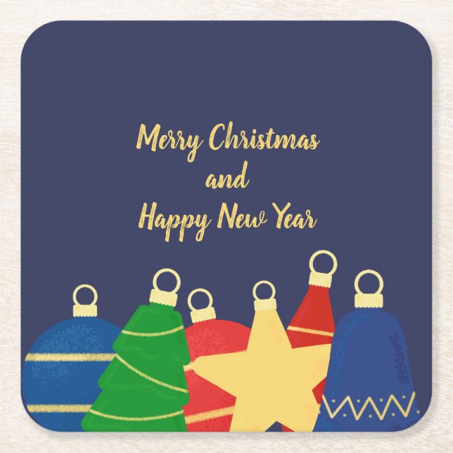 Vintage Christmas ornaments Dark blue Square Paper Coaster (Front)