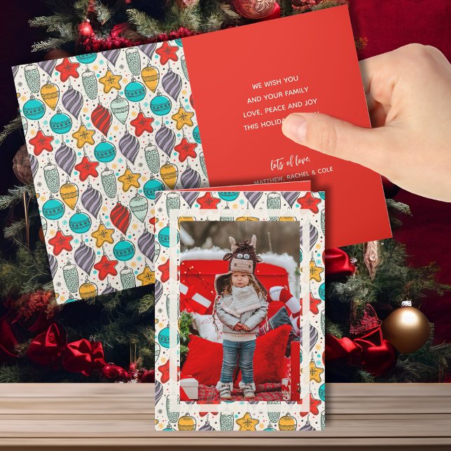 Vintage Christmas Ornaments Folded Photo Holiday Card (Your photo on the front and personal message inside of these folded Christmas greeting cards.)