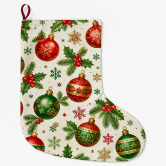Vintage Christmas Ornaments & Holly Pattern – Red  Large Christmas Stocking