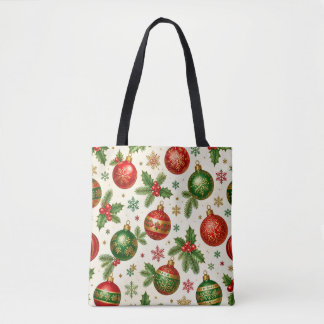 Vintage Christmas Ornaments & Holly Pattern – Red  Tote Bag