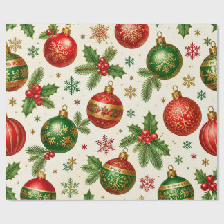 Vintage Christmas Ornaments & Holly Pattern – Red  Wrapping Paper