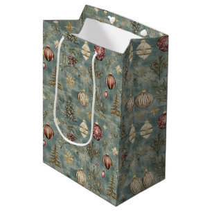 Vintage Christmas Ornaments on Blue Medium Gift Bag