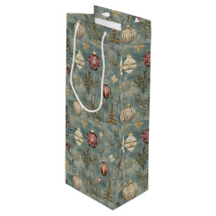 Vintage Christmas Ornaments on Blue Wine Gift Bag