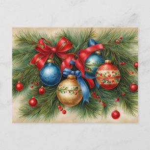 Vintage Christmas Ornaments on Christmas Tree  Holiday Postcard