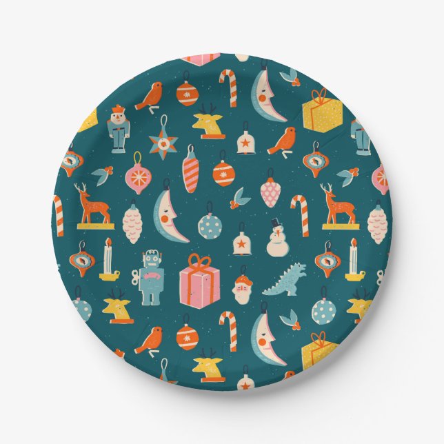 Vintage Christmas Ornaments Pattern Paper Plate (Front)