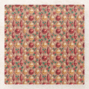 Vintage Christmas Ornaments Seamless Pattern Glass Coaster