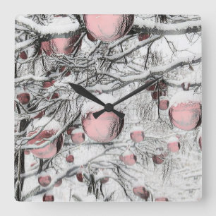 Vintage Christmas Ornaments snowed trees drawing Square Wall Clock