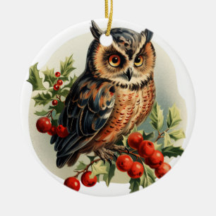 Vintage Christmas Owl Ceramic Ornament