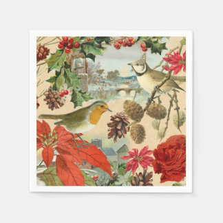 Vintage Christmas paper napkins w/ birds & flower