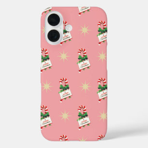 Vintage Christmas Pattern, Candy Canes with Pink iPhone 16 Case