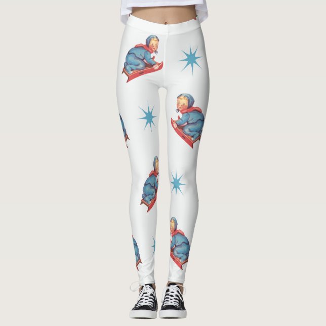 Vintage Christmas Pattern, Child Sledding in Snow Leggings (Front)
