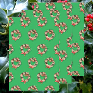 Vintage Christmas Pattern, Floral Wreaths on Green Wrapping Paper Sheet