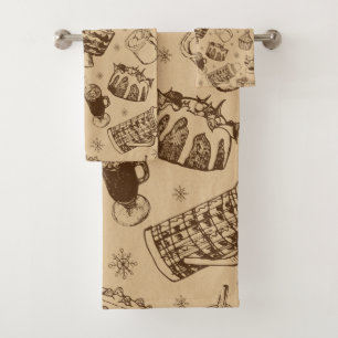 vintage christmas pattern hand drawn bath towel set