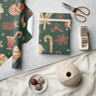 Vintage Christmas Pattern on Green Wrapping Paper