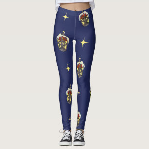 Vintage Christmas Pattern with a Lantern on Blue Leggings