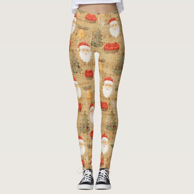 Vintage Christmas Pattern With Santa Claus Leggings (Front)