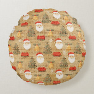 Vintage Christmas Pattern With Santa Claus Round Cushion