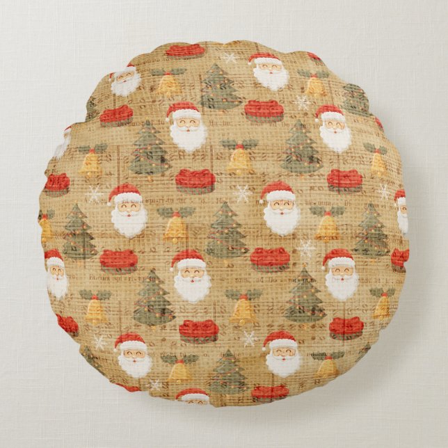 Vintage Christmas Pattern With Santa Claus Round Cushion (Front)