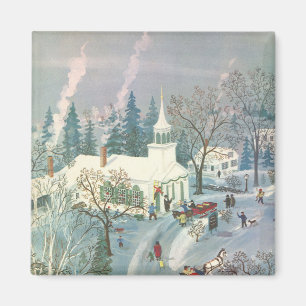 Vintage Christmas, People Going to Church in Snow Magnet