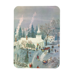 Vintage Christmas, People Going to Church in Snow Magnet