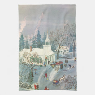 Vintage Christmas, People Going to Church in Snow Tea Towel