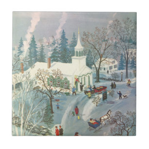 Vintage Christmas, People Going to Church in Snow Tile