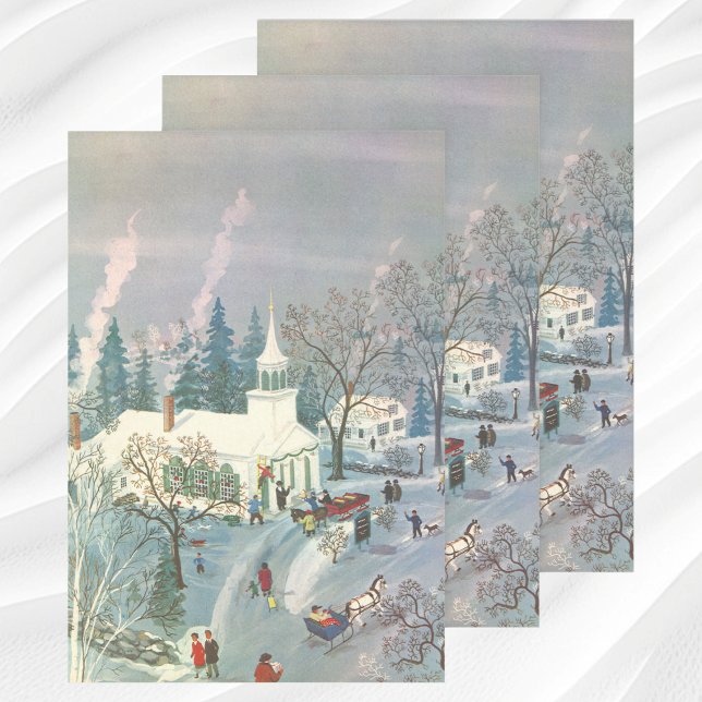 Vintage Christmas, People Going to Church in Snow Wrapping Paper Sheet (Creator Uploaded)