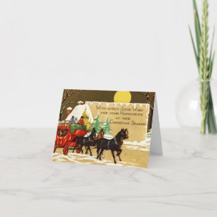 Vintage Christmas People Ridding A Horse Carriage Card