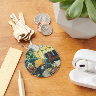 Vintage Christmas Pets in the Living Room Key Ring