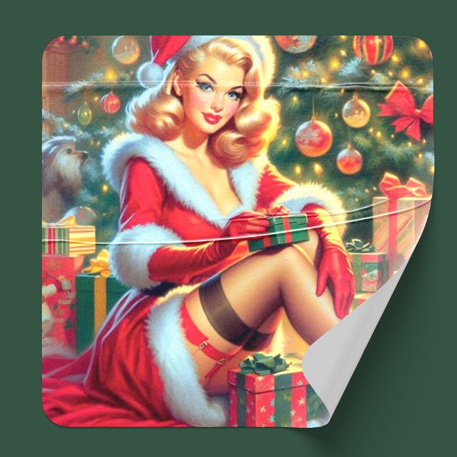 Vintage Christmas Pin Up Square Sticker (Creator Uploaded)
