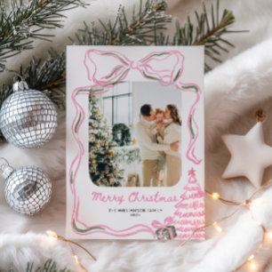 Vintage Christmas Pink Bow Family Photo Holiday Card