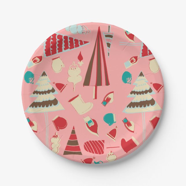 Vintage Christmas Pink Paper Plate (Front)