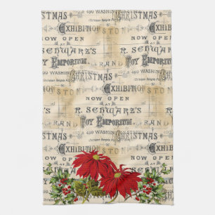 Vintage Christmas Poinsetias Holly Kitchen Towel