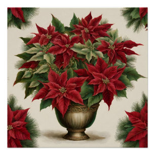 Vintage Christmas Poinsettia Bouquet Poster