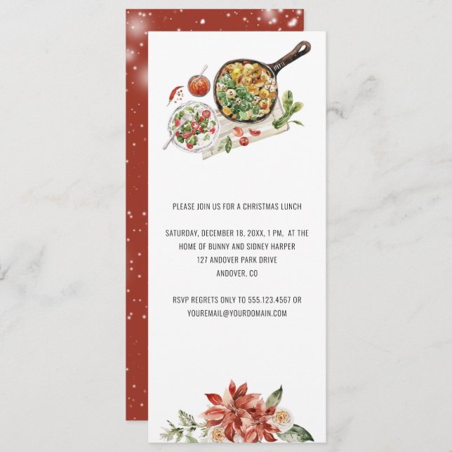 Vintage Christmas Poinsettia Evergreen Lunch  Invitation (Front/Back)